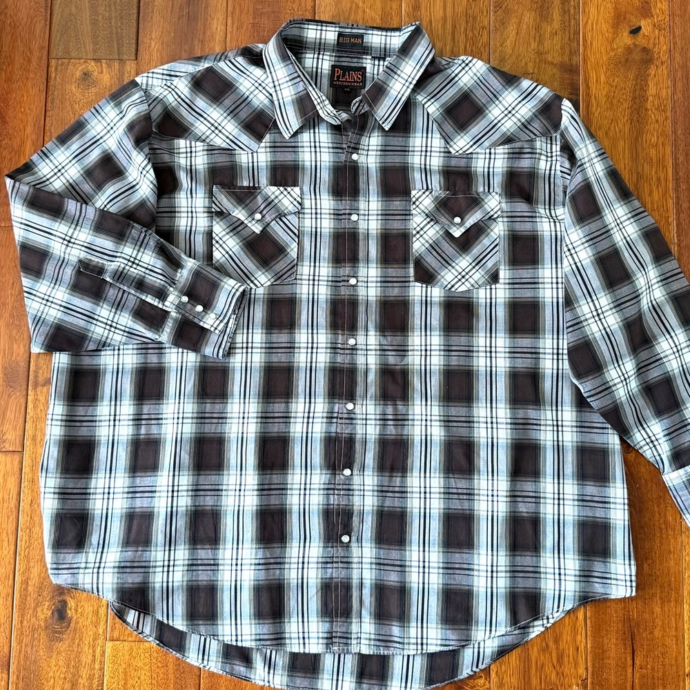 Plains Western Wear big men’s 3X long sleeved plaid snap-front shirt